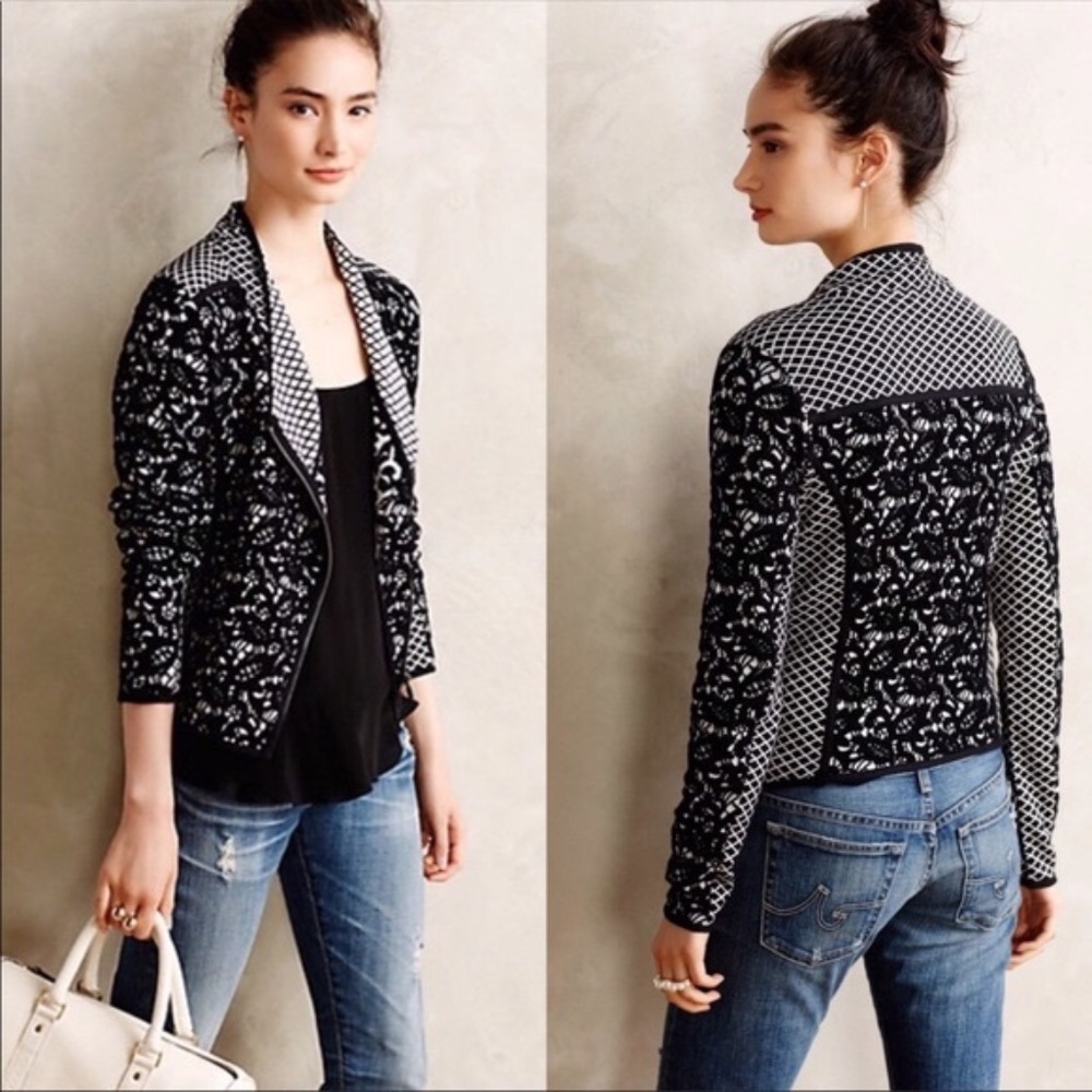 Anthropologie Moth Asymmetrical Moto Cardigan Jacquard Sweater